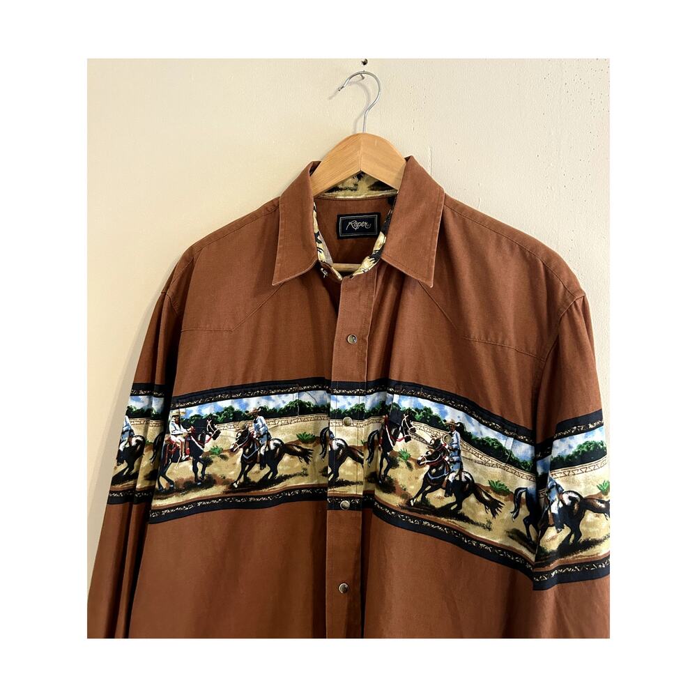 Vintage Western Cowboy Horses Roper Pearl-snap Button-up Shirt Men's Large